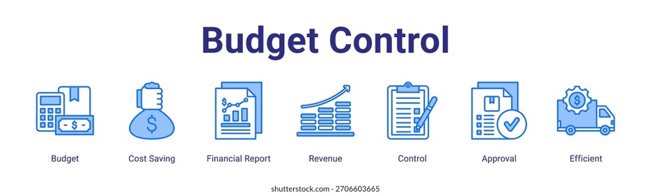 Budget Control web banner icon vector illustration concept featuring Budget,Cost Saving,Financial Report,Revenue,Control,Approval and Efficient in a collection set.