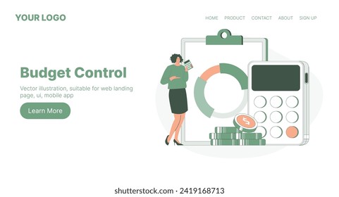 Budget Control. Web Landing Page Design. Flat Cartoon Vector Illustration. Vector illustration, suitable for web landing page, ui, mobile app.