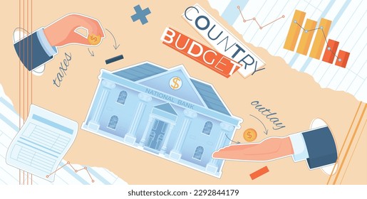 Budget country government composition with collage of flat icons bar charts graphs hands coins and text vector illustration