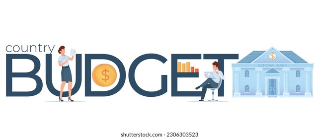 Budget country government flat composition with text state building coin icon bar chart and human characters vector illustration