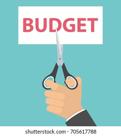 Budget cut concept. Hand cutting a paper with red text on it