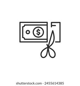 Budget Cut icon. Represents a reduction in financial expenses with scissors cutting through a dollar bill. Used for concepts of cost reduction, budgeting, and fiscal austerity. Vector illustration