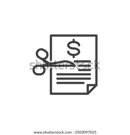 Budget Cut line icon. linear style sign for mobile concept and web design. Scissors cutting budget sheet outline vector icon. Symbol, logo illustration. Vector graphics