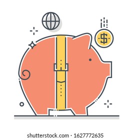 Budget cut related color line vector icon, illustration. The icon is about money box, Piggy bank, banking, accounting, investment, funds. The composition is infinitely scalable.