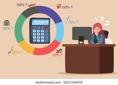 Budget Decision Planning Businesswoman Analyzing Financial Choices with Calculator, Pie Chart, and Expense Categories.