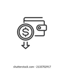 Budget deficit line icon. linear style sign for mobile concept and web design. Wallet with dollar money and arrow down outline vector icon. Symbol, logo illustration. Vector graphics