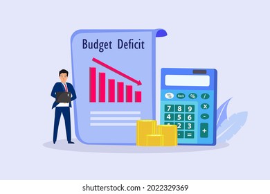 Budget Deficit vector concept. Businessman with budget deficit graph and calculator