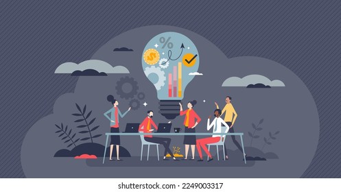 Budget development and financial strategy planning tiny person concept. Company income and spending analysis for annual year economical management vector illustration. Money calculation plan or vision