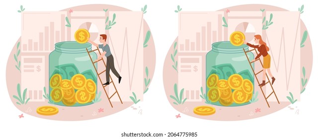 Budget Economy Concept. Man and woman put coins in large glass jar and make savings. Financial management and accounting. Deposit in bank. Cartoon flat vector collection isolated on white background