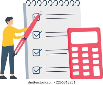 Budget Estimate, Project cost estimation, calculate budget to finish work, financial plan, invoice or tax concept, expense or loan illustration, man holding pencil with calculator estimate cost of pro