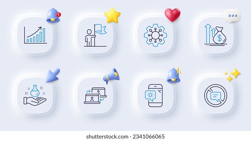 Budget, Execute and Graph chart line icons. Buttons with 3d bell, chat speech, cursor. Pack of Stop talking, Chemistry lab, Outsource work icon. Weather phone, Leadership pictogram. Vector