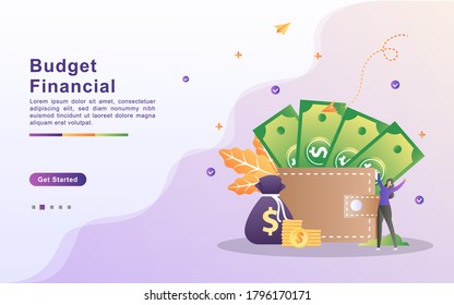 Budget financial concept. Men and women cooperation, business investment, get profits from business, cooperation and teamwork.. Can use for web landing page, banner, mobile app. Vector Illustration