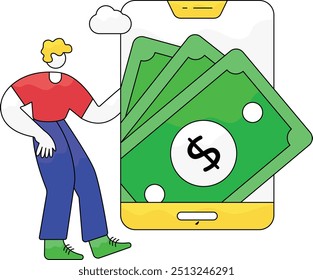 Concepto de marketing de gráfico de crecimiento digital de fondos de presupuesto. Motor de Búsqueda, optimización finanzas en línea crecimiento de negocios Web flecha análisis gráfico gráfico con pila de billetes en la ilustración móvil