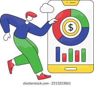 Budget fund digital grow chart marketing concept. Search Engine, optimization online finance business growth web arrow analytics chart graph with banknote stack on mobile.