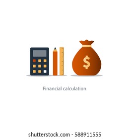 Budget fund measure and plan spending, financial calculation tools, investment strategic solution, money analytics, vector illustration icons