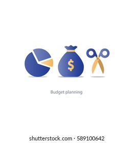 Budget fund measure and plan spending, financial calculation tools, investment strategic solution, money analytics, vector illustration icons