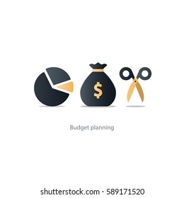 Budget fund measure and plan spending, financial calculation tools, investment strategic solution, money analytics, vector illustration icons