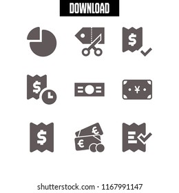 budget icon. 9 budget vector set. pie chart, cash, coupon and yen icons for web and design about budget theme