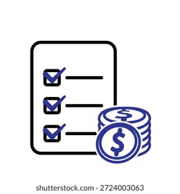 Budgetsymbol. Eine Tasche mit einem Stapel von Dollarmünzen und einer Checkliste. Wirtschaft, Wirtschaft, Bankwesen. Entwurfsstil für Umrisse