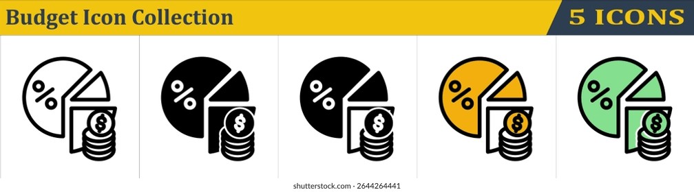 Coleção de Ícones de Orçamento com Ícone de 5 Estilos (Contorno, Sólido, Misto, Cor de Contorno Linear e Cor Sólida Lineal) 