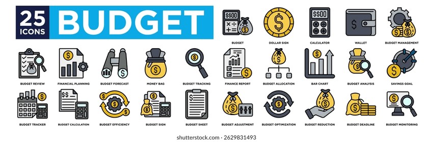 budget icon collection set. Containing design Budget, Dollar Sign, Calculator, Wallet, Budget Management,