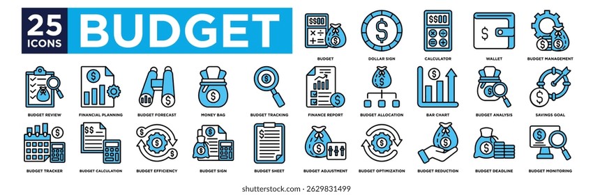 budget icon collection set. Containing design Budget, Dollar Sign, Calculator, Wallet, Budget Management,