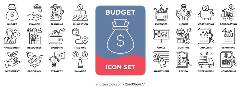 budget icon collection set. Containing budget, finance, planning, allocation, expenses, income ,cost saving, forecast, management icon. Simple line vector.
