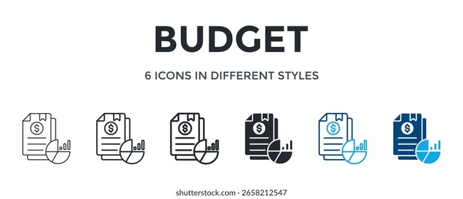 Budget Icon In Different Style Vector Illustration. Designed In Thin Line, Regular Line, Bold Line, Glyph, Color Line, And Color Glyph Style Can Be Used For Web