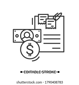 Budget icon. Finance plan document with dollar coin and banknote linear pictogram. Concept of money planing and business project cost calculations. Editable stroke vector illustration