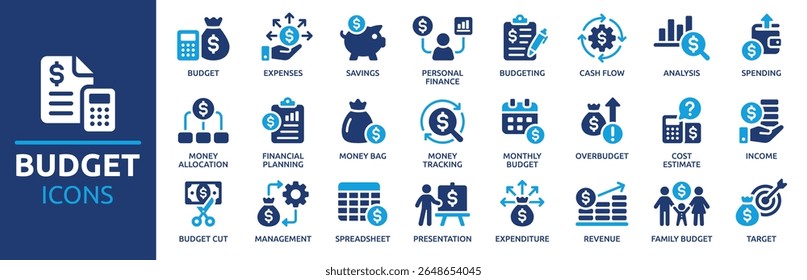 Conjunto de ícones de orçamento. Contendo despesas, gerenciamento de dinheiro, fluxo de caixa, economias, gastos, receita, alocação, orçamento, estimativa de custo e muito mais. Coleção de ícones de vetor sólido.
