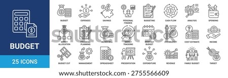 Budget icon set. Containing expenses, savings, personal finance, budgeting, cash flow, analysis, spending and more. Line vector icons collection.