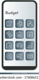 budget icon set. included gift, shopping bag, profits, sale, shop, money, shopping cart, delivery truck, barcode, stopwatch, internet, trolley icons on phone design background . linear styles.