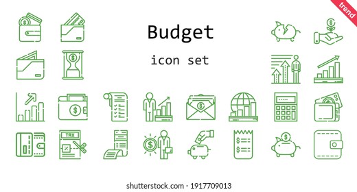 conjunto de iconos de presupuesto. estilo de icono de línea. iconos relacionados con el presupuesto como beneficios, lista de compras, cartera, banco de cerco, tiempo es dinero, factura, inversión, cálculo, impuestos, factura, salario, 