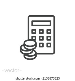 Budget icon. Simple outline style. Money flow account with calculator. Business concept. Vector design illustration isolated. Editable stroke EPS 10