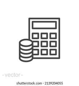 Budget icon. Simple outline style. Money flow account with calculator. Business concept. Vector design illustration isolated. Editable stroke EPS 10