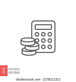 Budget icon. Simple outline style. Money flow account with calculator. Business concept. Vector design illustration isolated. Editable stroke EPS 10.