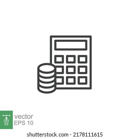 Icono de presupuesto. Estilo de contorno simple. Cuenta de flujo de dinero con calculadora. Concepto de negocio. Ilustración de diseño de vectores aislada. EPS 10.