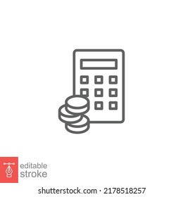 Budget icon. Simple outline style. Money flow account with calculator. Business concept. Vector design illustration isolated. Editable stroke EPS 10.