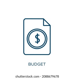 Budgetsymbol. Dünne lineare Haushaltslinie Symbol einzeln auf weißem Hintergrund. Zeilenvektorbudget, Symbol für Web und Mobile