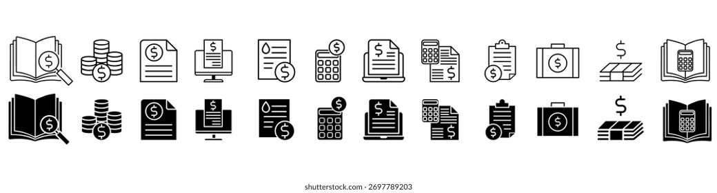 Conjunto de Vectores de icono de presupuesto. colección de signo de ilustración de contabilidad. Símbolo o logotipo contable.