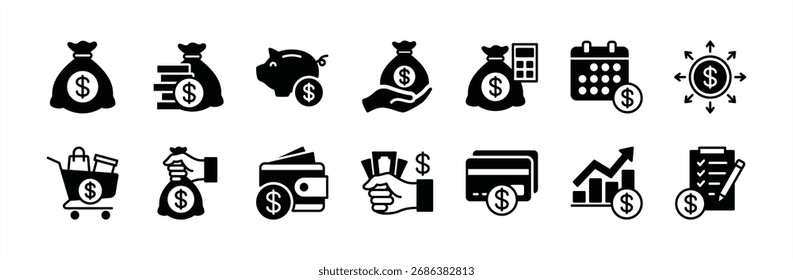 Budget-Symbol, Vektorsatz. Budgetierung, Finanzmanagement, Geld, Ersparnisse, Kredit, monatlicher Einkaufskalender, Berechnung, Wachstumsgraph, Scheck, Liste, Geldbörse, Schulden, Debitkarte, Investition - Illustration
