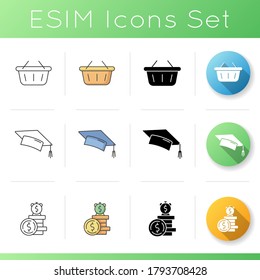 Budget icons set. Online shopping. Store basket for ecommerce. Student loan. Credit money for education. Deposit fund. Linear, black and RGB color styles. Isolated vector illustrations