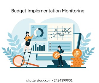 Budget Implementation Monitoring concept. Vigilant tracking and analysis of financial plan execution. Key performance indicators in focus. Flat vector illustration