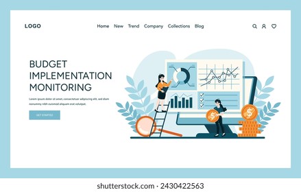 Budget Implementation Monitoring concept. Vigilant tracking and analysis of financial plan execution. Key performance indicators in focus. Flat vector illustration