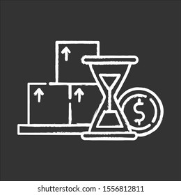 Budget increase graph chalk icon. Rising interest rate with time. Smart investment infographic. Credit countdown. Hourglass and coin. Loan money, make deposit. Isolated vector chalkboard illustration