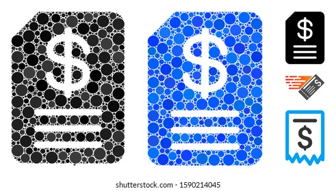 Budget invoice composition of small circles in various sizes and color tinges, based on budget invoice icon. Vector small circles are united into blue mosaic.