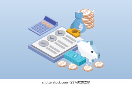 Concepto de vector isométrico presupuestario. Planificación presupuestaria. Escribir en una nota una cierta cantidad de dinero cerca de cada partida presupuestaria.sobre fondo azul.Diseño 3D.diseño vectorial isométrico Ilustración.