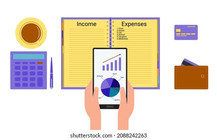 Budget. Keeping Records Of Expenses And Income On Paper And In Electronic Form.