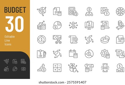 Budget Line Editable Icons set. Vector illustration in modern thin line style of finance related icons: accounting, bookkeeping, distribution, and more. Pictograms and infographics.