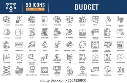 Budget line editable icons set. Containing money,  budgeting, savings, loan, cash, earning, income, wallet, revenue, bank, profit, and more. Vector Illustration